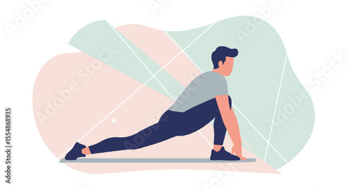 A vector illustration showcases a man stretching his leg in a lunge position, ideal for fitness-related websites, landing pages, or health and wellness marketing materials.