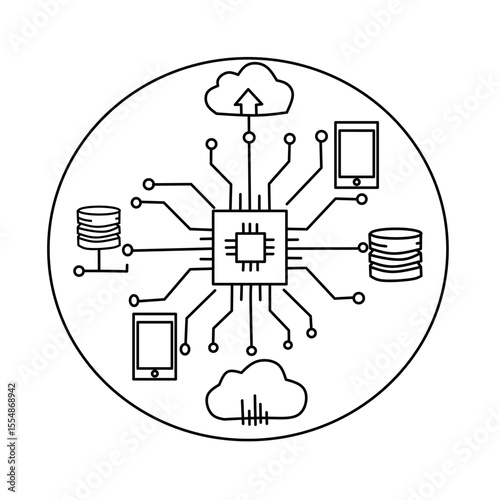 Line icon showing central microchip connected to cloud, database, and mobile devices. Represents cloud computing, data sharing, IoT, and digital network infrastructure.