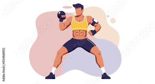 Fit man in sportswear with boxing gloves and arm band, practicing martial arts on a colorful background, flat design.