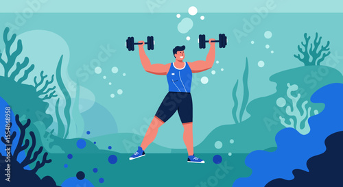 A strong man performs an underwater weightlifting exercise with dumbbells in a vibrant flat design illustration, perfect for health and fitness marketing.