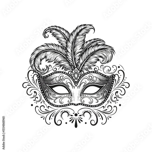 Intricate black and white patterned mask illustration with repeating geometric elements