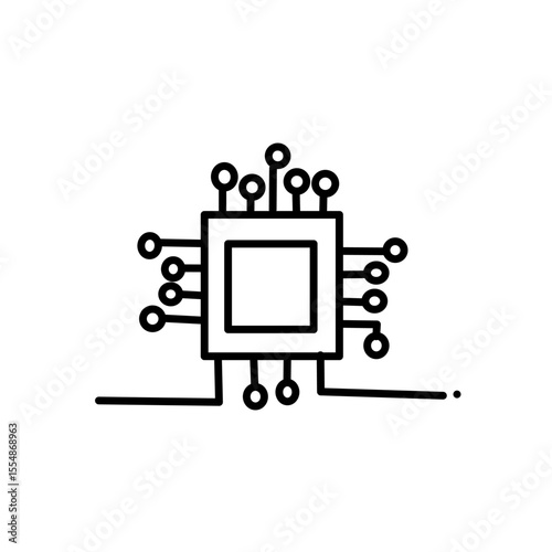 Line icon showing central microchip connected to cloud, database, and mobile devices. Represents cloud computing, data sharing, IoT, and digital network infrastructure.
