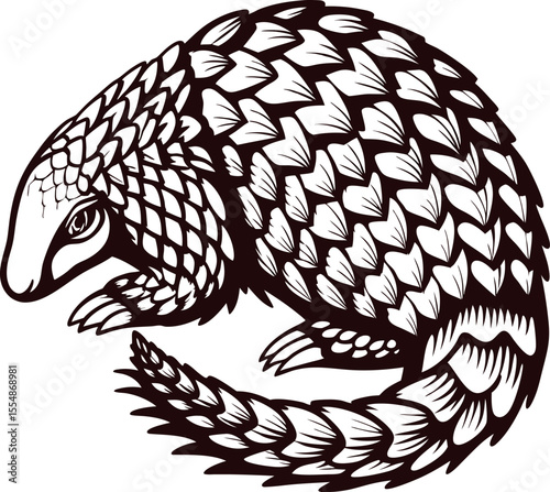 Detailed engraved illustration of a curled pangolin with scaly armor and pointed snout