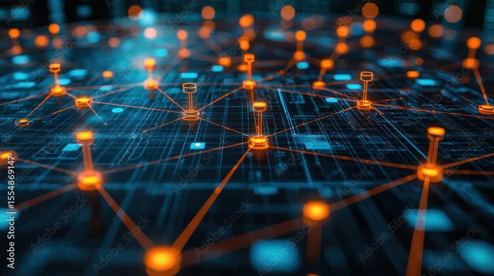 Obraz premium Interconnected orange nodes on blue circuit board texture