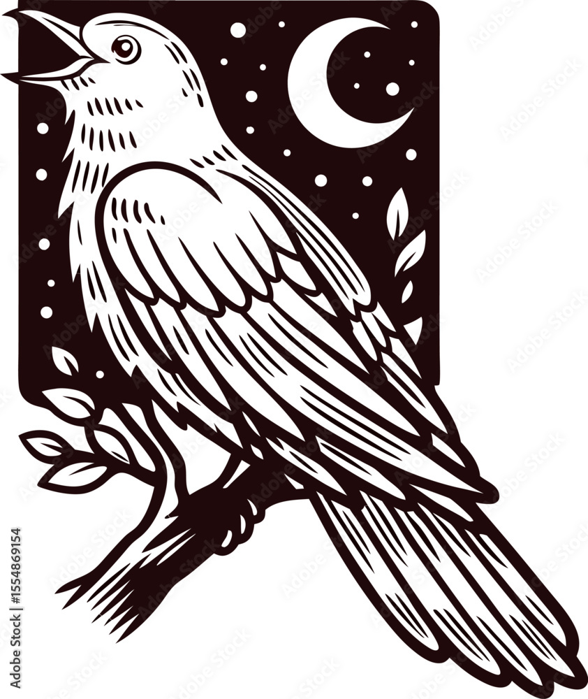 Naklejka premium Illustration of raven perched on branch with crescent moon and starry night sky in vintage engraving
