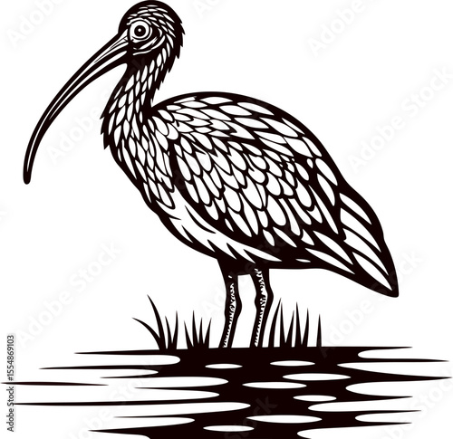 Detailed hand drawn illustration of ibis bird with long curved beak standing by water among grass isolated on white
