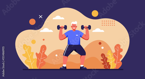 An elderly man in activewear is lifting dumbbells in a flat design illustration, showcasing fitness, health, and wellness, with an autumnal background for a vibrant presentation.