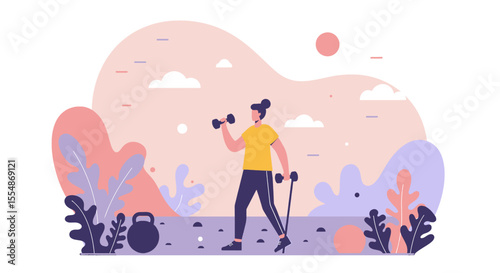 A vibrant flat design illustration depicts a woman exercising with dumbbells in a stylized outdoor setting, ideal for a fitness-themed landing page or marketing banner.