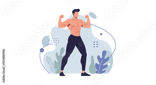 Muscular man flexing muscles in flat design style, perfect for fitness marketing and web presentation.