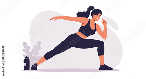 A fit woman in athletic wear performs a dynamic lunge exercise in a modern flat design illustration, perfect for health and fitness web content.
