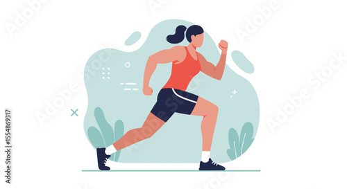 A fit woman in athletic wear is depicted running with energy in a modern flat design style, ideal for web banners and marketing.