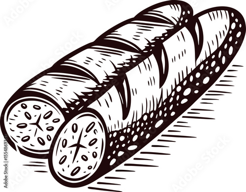Sliced french baguette bread in vintage woodcut illustration isolated on white background