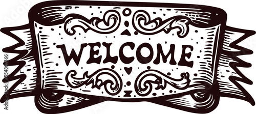 Hand drawn vintage ribbon banner with ornate welcome text and decorative floral flourish, sketch illustration