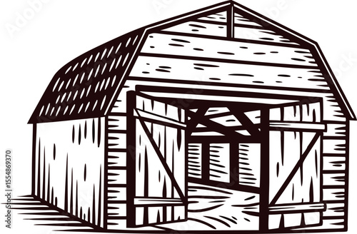 Rustic wooden barn with open doors in vintage sketch illustration