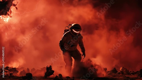 Astronaut in Red Dust Storm on Alien Planet
