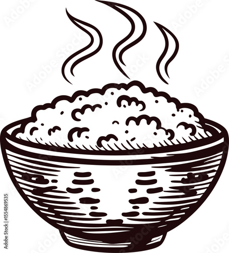 Hand drawn steaming bowl of cooked rice isolated on white background vintage engraving