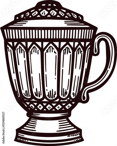 Hand drawn vintage urn cup with ornate handle and lid engraved antique decorative vessel illustration