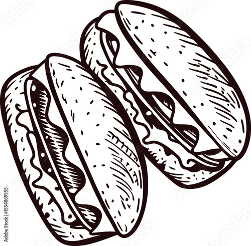 Hand drawn illustration of two classic hamburgers with lettuce and cheese isolated on white background