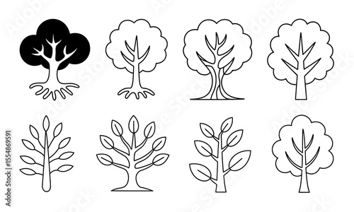 Stylized Tree Icon Collection. Outline and Solid Vector Trees Set