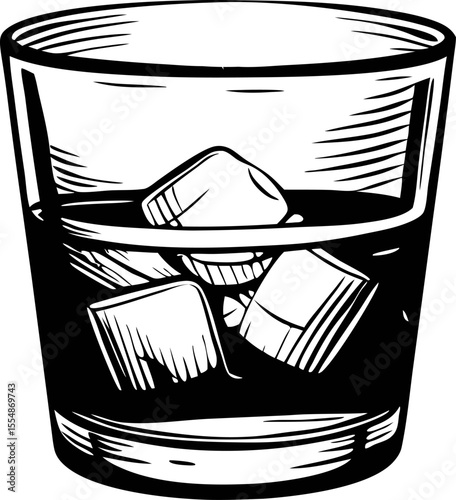 Hand drawn whiskey glass with ice cubes vintage black and white illustration isolated on white background