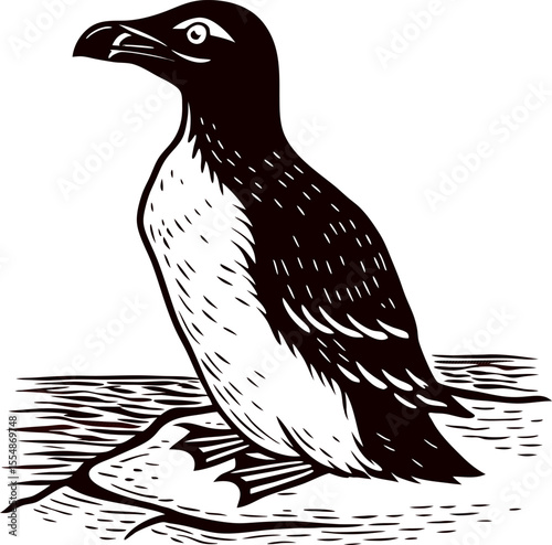 Woodcut auk bird perched on rock by water black and white vintage illustration of seabird in natural habitat