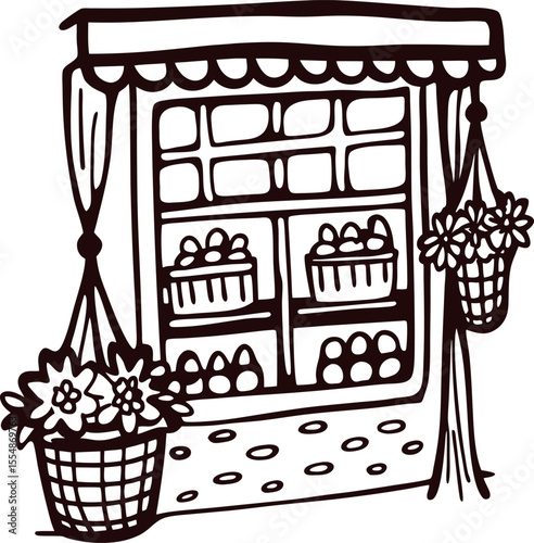 Hand drawn market storefront with fruit display and hanging flower baskets, vintage sketch illustration