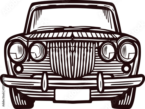 Hand drawn vintage classic car front view retro engraved automobile illustration with detailed grill and headlights