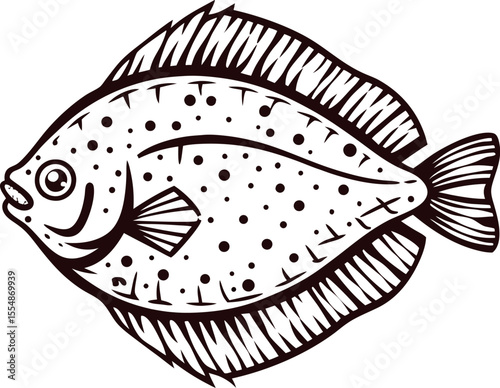 Detailed hand drawn flounder fish illustration in black and white with intricate scales and fins