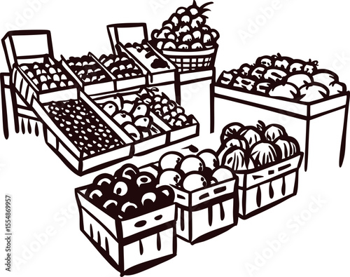 Hand drawn display of assorted fruits and vegetables at outdoor market stall, line art illustration