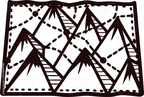Hand drawn treasure map illustration with mountains, dotted adventure path, and landmarks in vintage