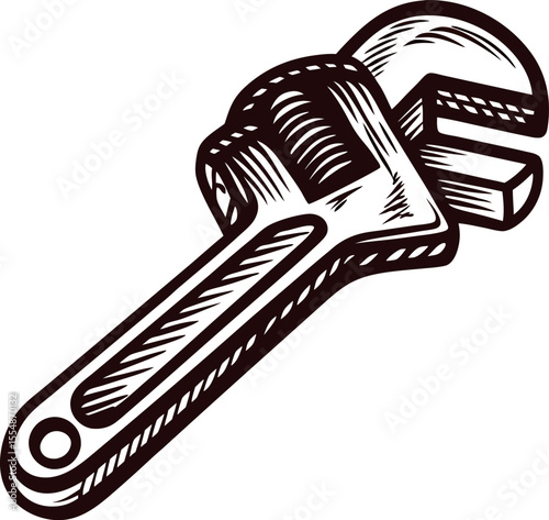 Hand drawn adjustable wrench illustration in vintage engraved isolated on white background
