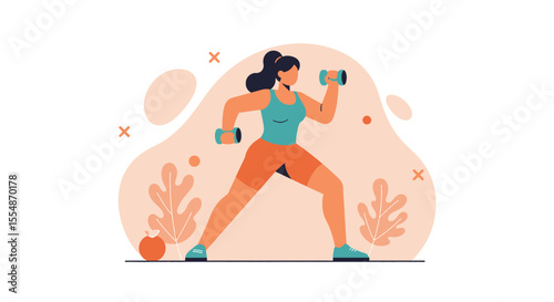 A vibrant illustration depicts a woman in activewear lifting dumbbells, embodying fitness and healthy living with a flat design style, perfect for marketing and wellness presentations.