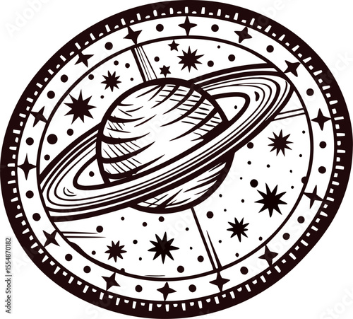 Vintage engraved drawing of saturn planet with rings surrounded by celestial stars in circular astronomical design
