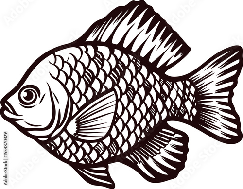 Detailed hand drawn fish illustration with scales and fins isolated on white background