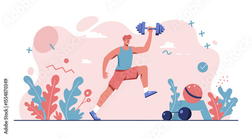 A vibrant illustration of a fit man dynamically lifting a dumbbell, ideal for fitness websites, marketing materials, and presentations needing a healthy lifestyle concept.