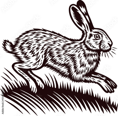 Engraved drawing of a running rabbit in vintage with fur detail and grassy ground