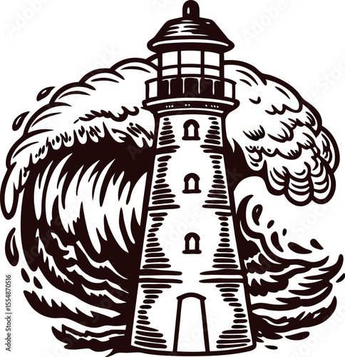 Vintage engraved illustration of lighthouse with large crashing ocean wave in monochrome