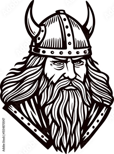 Monochrome illustration of bearded viking warrior in horned helmet with long hair and armor