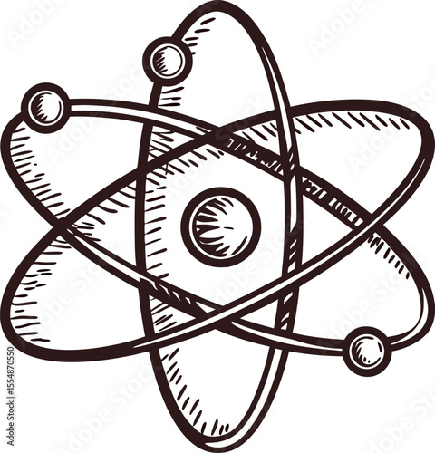 Hand drawn sketch of atom model with electrons orbiting nucleus in vintage engraved illustration