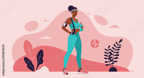 A fit Black woman in sportswear poses with a water bottle, showcasing a modern flat design illustration ideal for health and fitness marketing campaigns and web design.