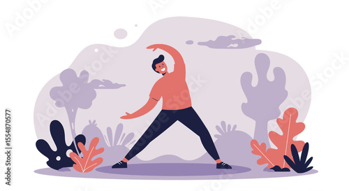 A dynamic flat design illustration showcases an athletic man in sportswear, engaged in a workout routine, suitable for fitness and wellness website banners or marketing materials.