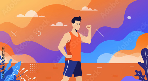 A dynamic flat design illustration showcases an athletic man in sportswear, engaged in a workout routine, suitable for fitness and wellness website banners or marketing materials.