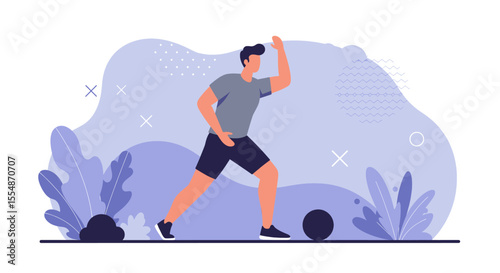 A dynamic flat design illustration showcases an athletic man in sportswear, engaged in a workout routine, suitable for fitness and wellness website banners or marketing materials.