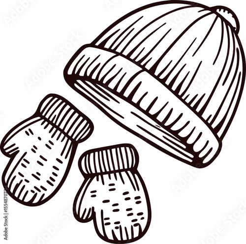 Hand drawn illustration of cozy knitted winter hat and mittens set isolated on white background