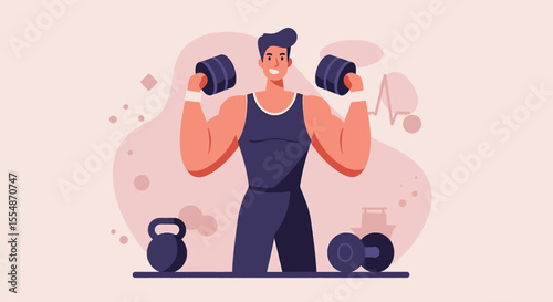 A dynamic flat design illustration showcases an athletic man in sportswear, engaged in a workout routine, suitable for fitness and wellness website banners or marketing materials.