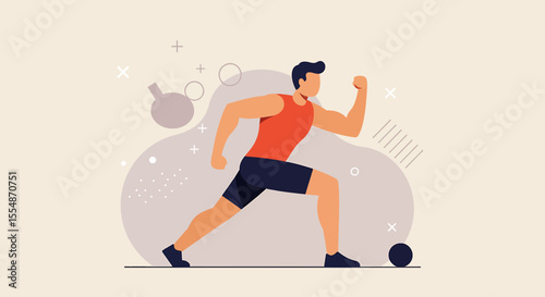 A dynamic flat design illustration showcases an athletic man in sportswear, engaged in a workout routine, suitable for fitness and wellness website banners or marketing materials.