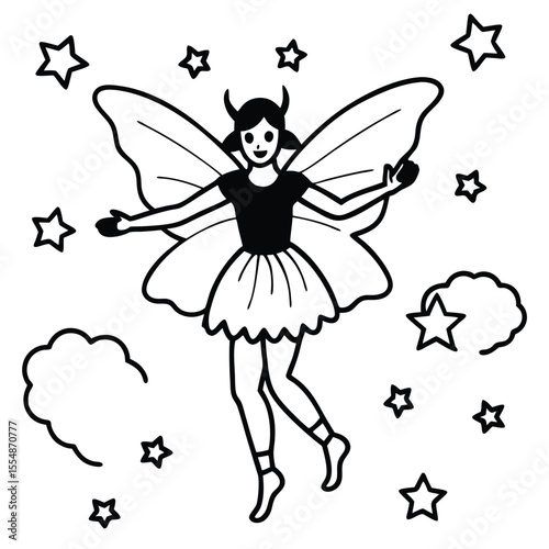Mystical Ballerina Fairy Girl Silhouette with Butterfly Wings Vector Illustration