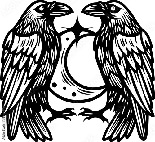 Symmetrical illustration of two ravens facing crescent moon with stars in vintage black and white hand drawn