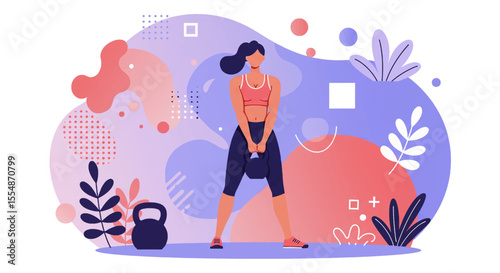 A dynamic flat design illustration showcases an athletic man in sportswear, engaged in a workout routine, suitable for fitness and wellness website banners or marketing materials.