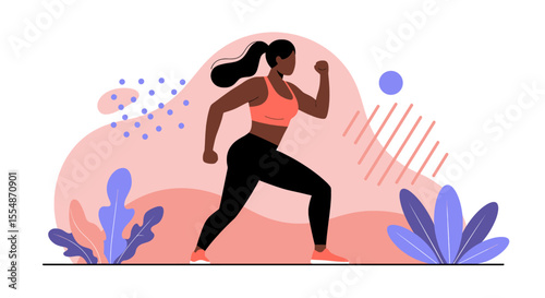 A dynamic flat design illustration showcases an athletic man in sportswear, engaged in a workout routine, suitable for fitness and wellness website banners or marketing materials.